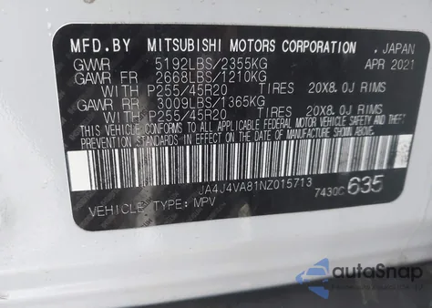 2022 Mitsubishi Outlander Sel 2.5 S-Awc/Sel Launch Edition S-Awc/Sel Special Edition S-Awc z USA, uszkodzony, nr VIN JA4J4VA81NZ015713